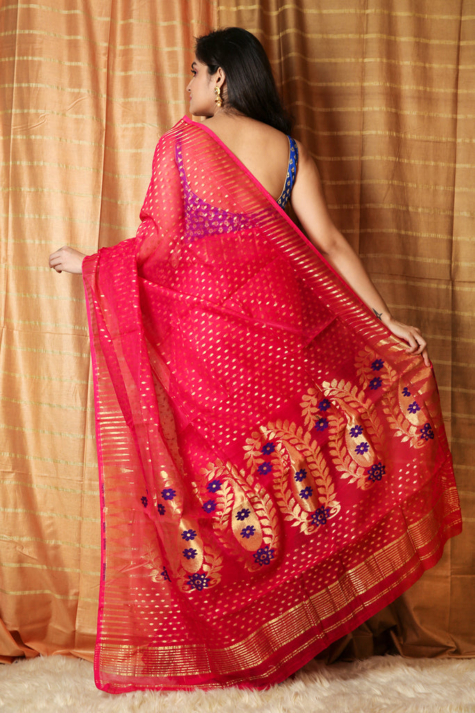 Dark Pink Jamdani Saree With All Over Buti And Zari Work - charukriti.co.in