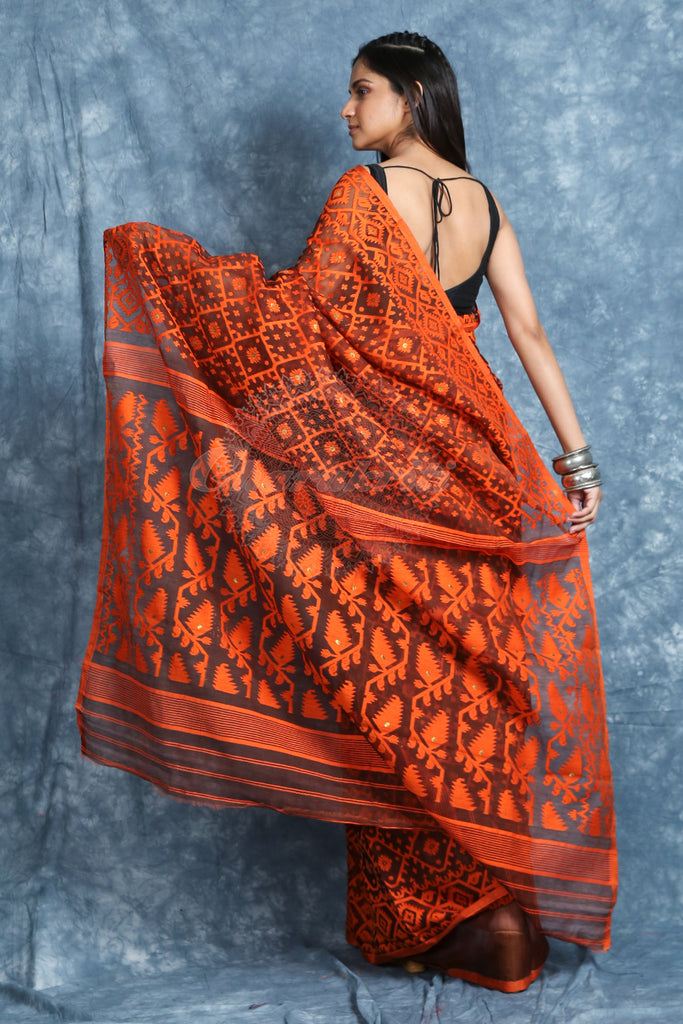 Checkered Weaving Orange Jamdani Saree freeshipping - Charukriti