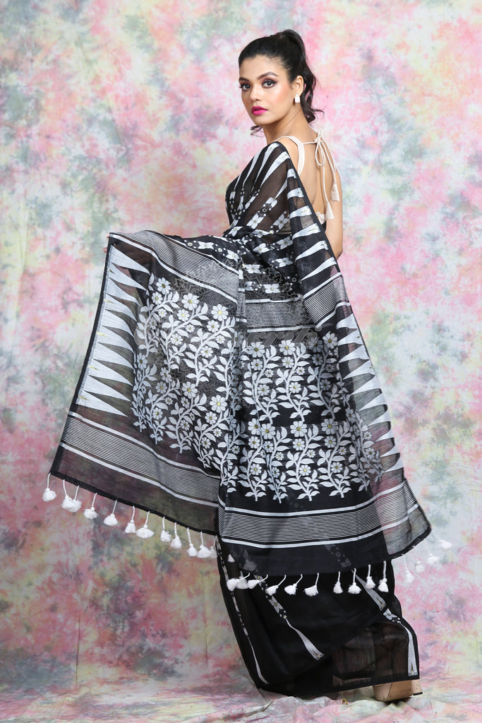 Black Jamdani With White Thread Weaving Saree And Jhumka Pompom freeshipping - Charukriti