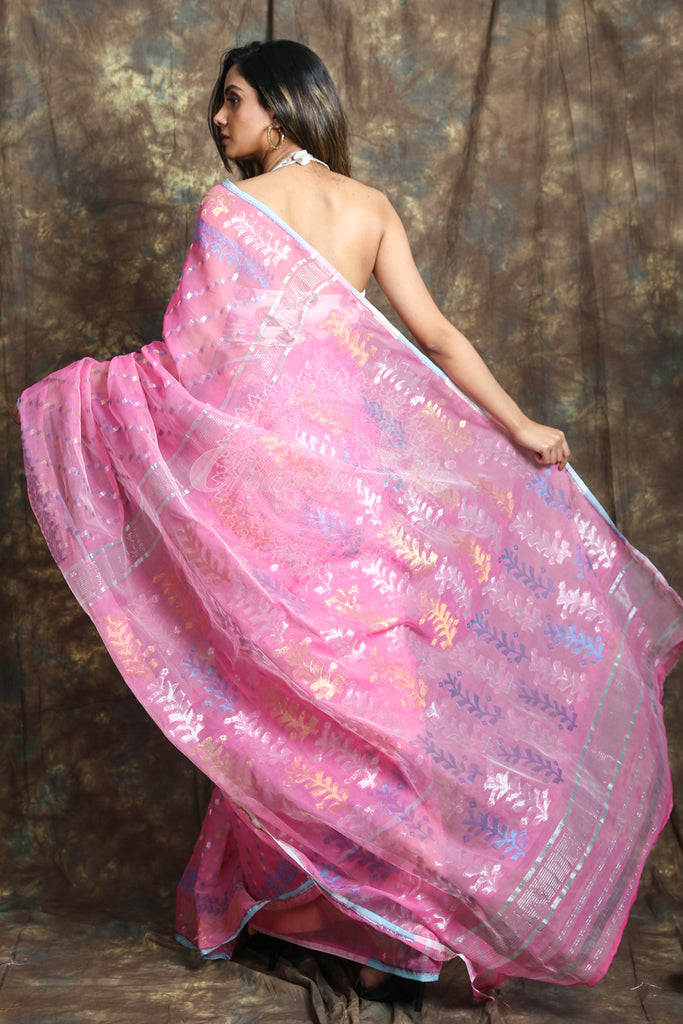 Allover Rich Weaving Pink Jamdani Saree freeshipping - Charukriti