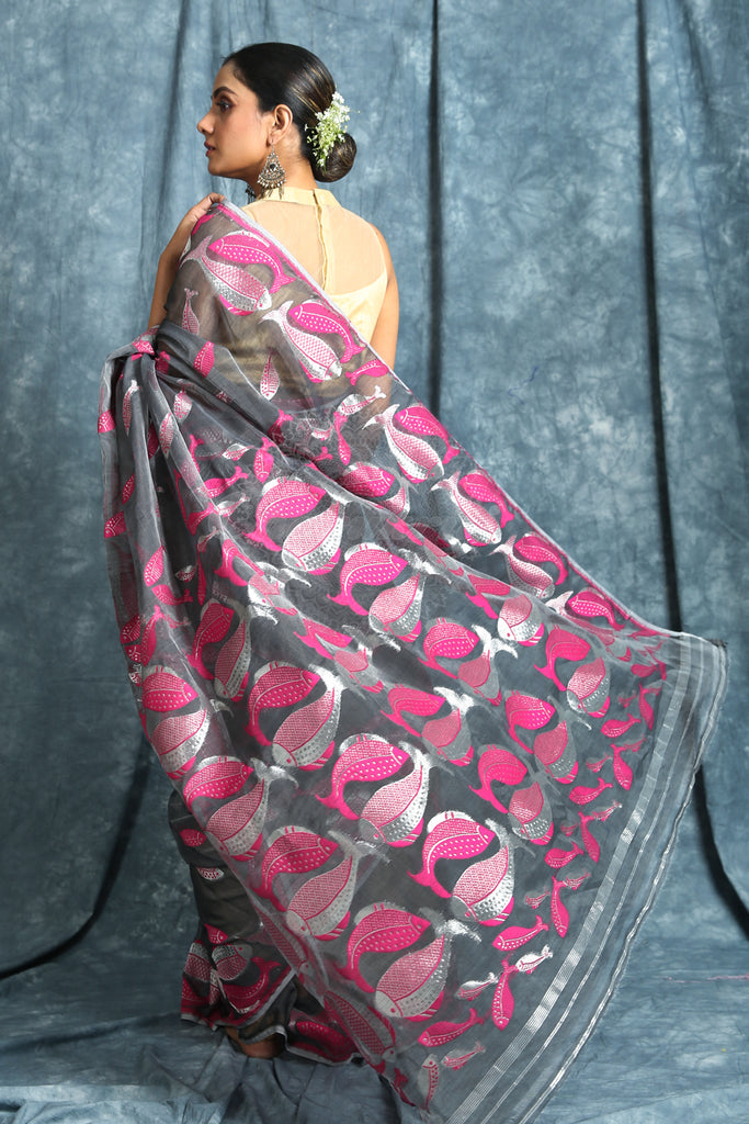 The Dark Grey Color Saree Is Crafted With Pink & Silver Zari Fish Motif Work All Over The Body And Pallu - Charukriti.co.in