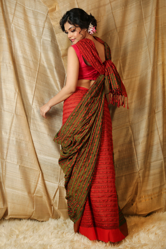 Green & Red Cotton Saree With All Over Fish Weaving freeshipping - Charukriti