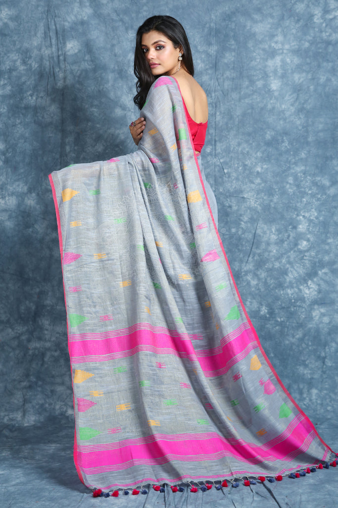 Steel Grey Handloom Saree With Temple Design freeshipping - Charukriti
