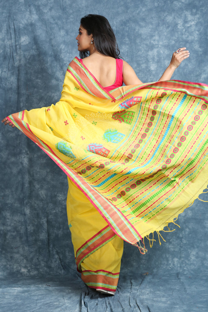 Yellow Cotton Saree With Thread Work Border & Pallu freeshipping - Charukriti
