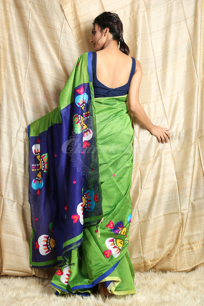 Green & Blue Handloom with All Over Embroidery Work freeshipping - Charukriti