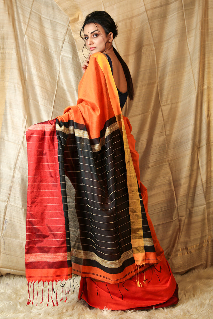 Orange & Black Mahapaar Handloom with Gheecha Stripes Pallu freeshipping - Charukriti