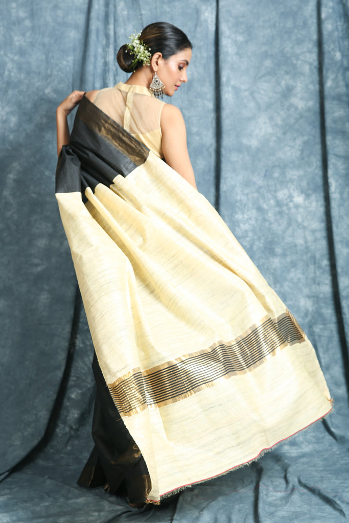 Black Gheecha Saree With Off White Pallu freeshipping - Charukriti