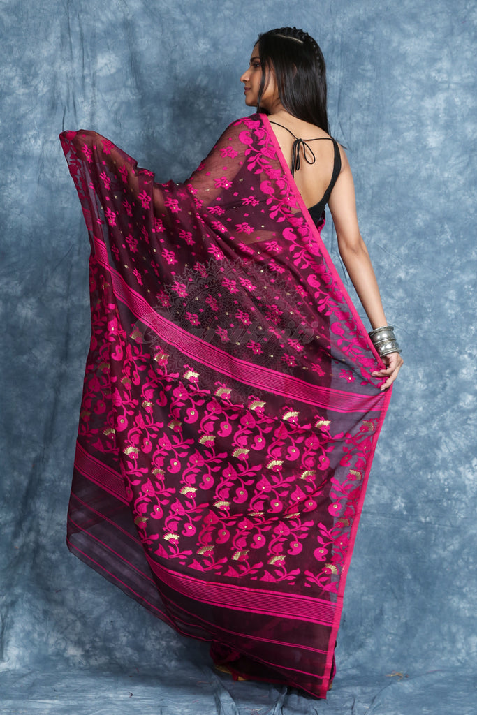 Floral Weaving Wine Jamdani Saree freeshipping - Charukriti