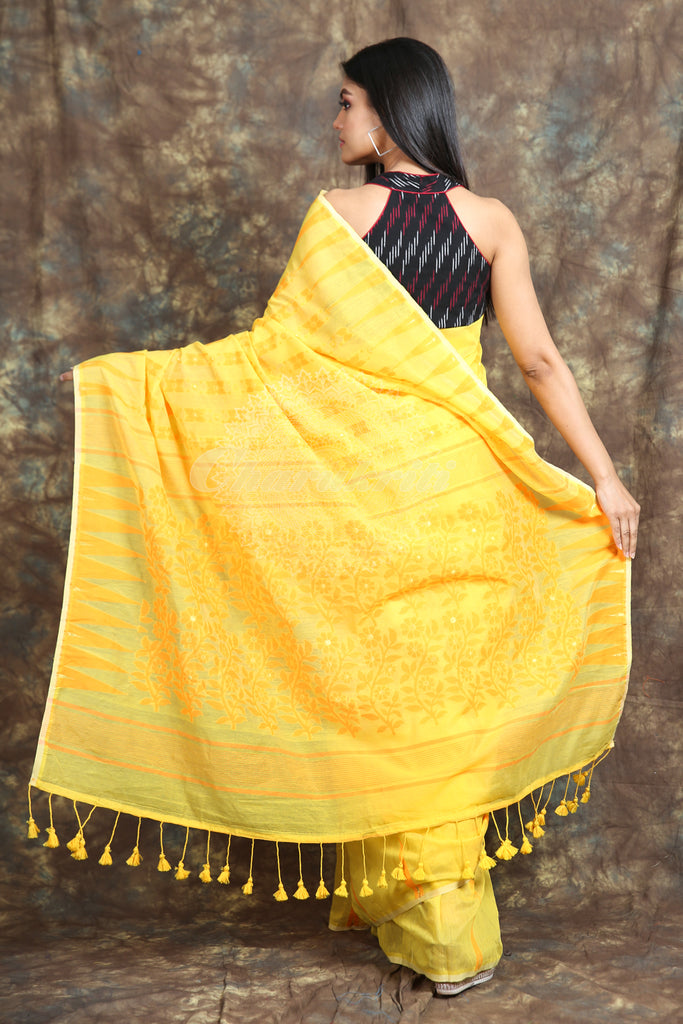 Yellow Jamdani With Thread Weaving Saree And Jhumka Pompom freeshipping - Charukriti