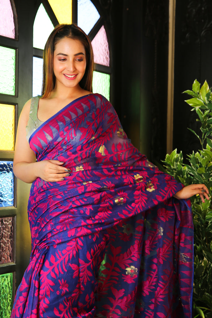 Blue Jamdani Saree With Allover Magenta Thread Weaving freeshipping - Charukriti