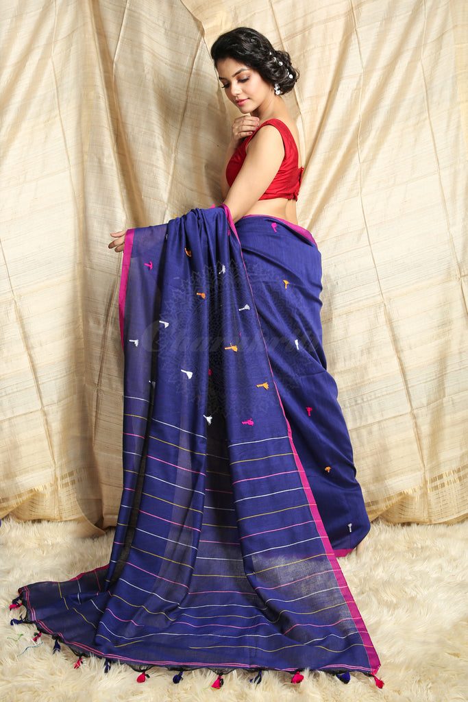 Navy Blue Cotton Handloom With Thread Buti Work freeshipping - Charukriti