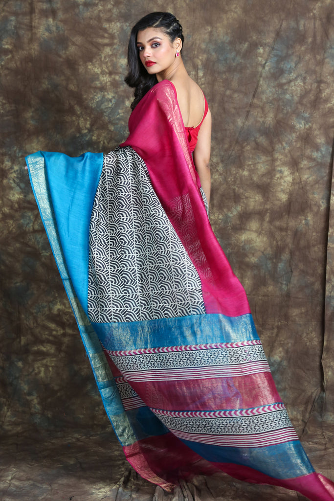 Multicolor Printed Tussar Silk Saree - Charukriti.co.in