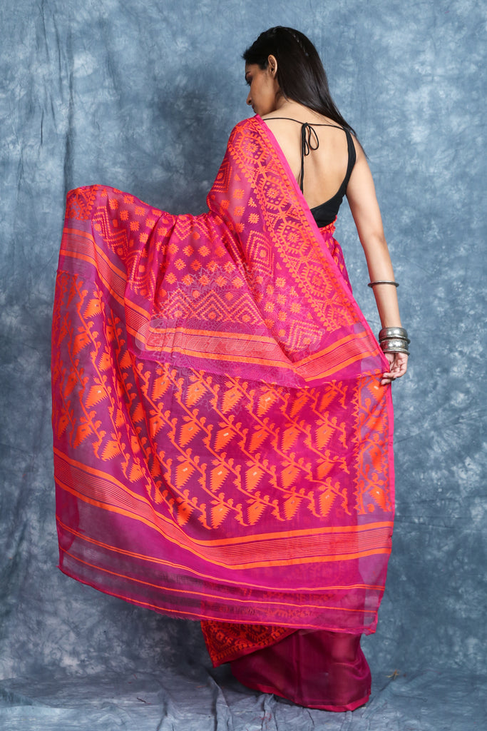 Orange Weaving Pink Jamdani Saree freeshipping - Charukriti