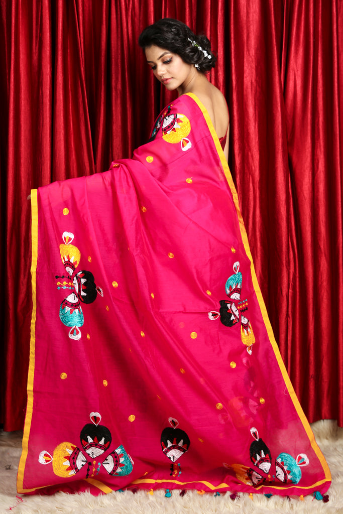 Magenta Blended cotton Saree With Embroidery Work freeshipping - Charukriti