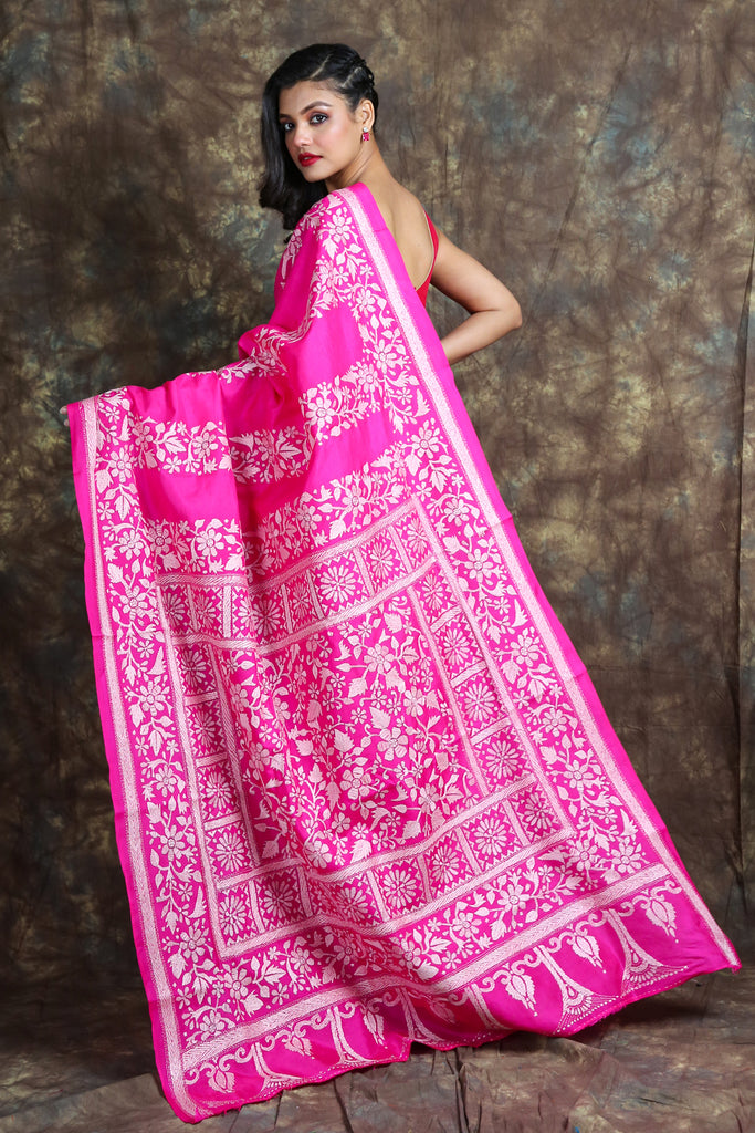 Pink Kantha Stitch Saree - Charukriti.co.in