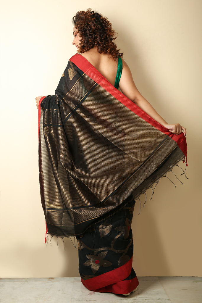 Black Handloom Saree With All Over Zari Weaving freeshipping - Charukriti