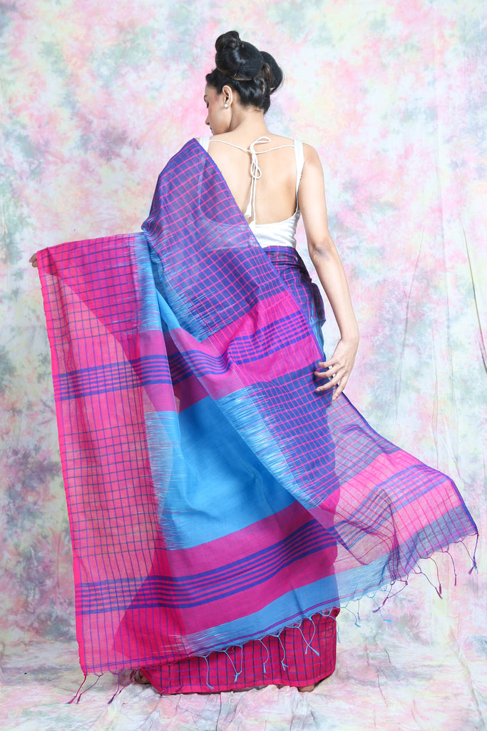 Sky BLue Ikkat Style Handloom Saree With Check Border freeshipping - Charukriti