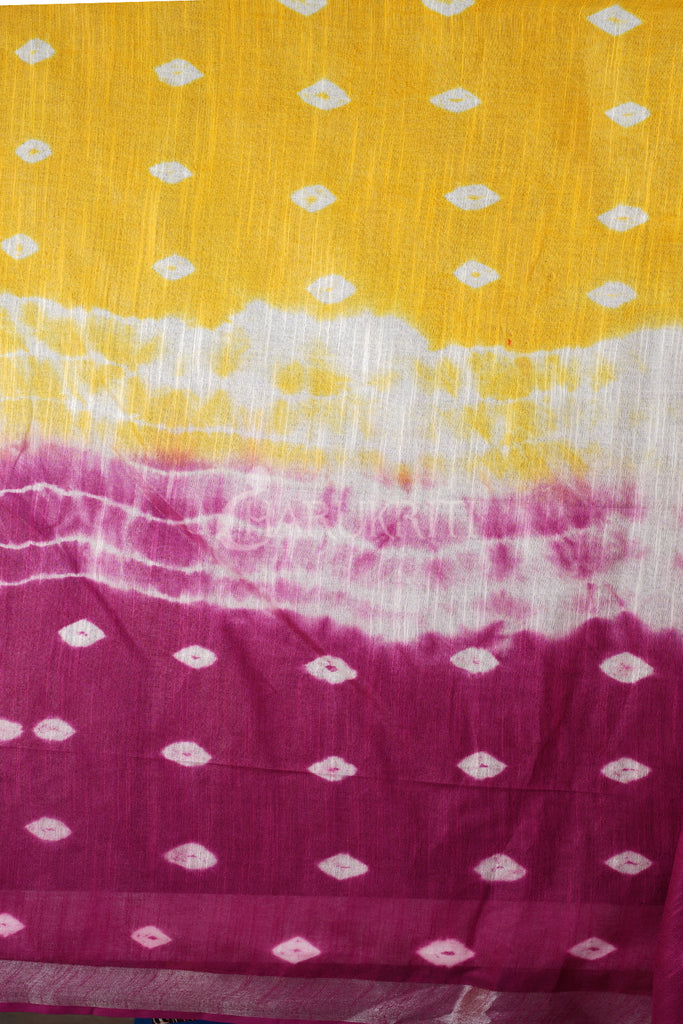 YELLOW AND MAGENTA TIE & DYE BANDHANI PRINTED LINEN SAREE freeshipping - Charukriti