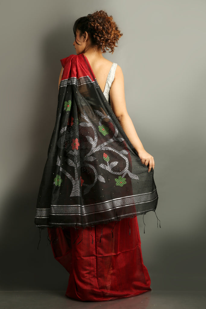 Dark Red Sequence Saree With Black Floral Weaving Pallu, freeshipping - Charukriti