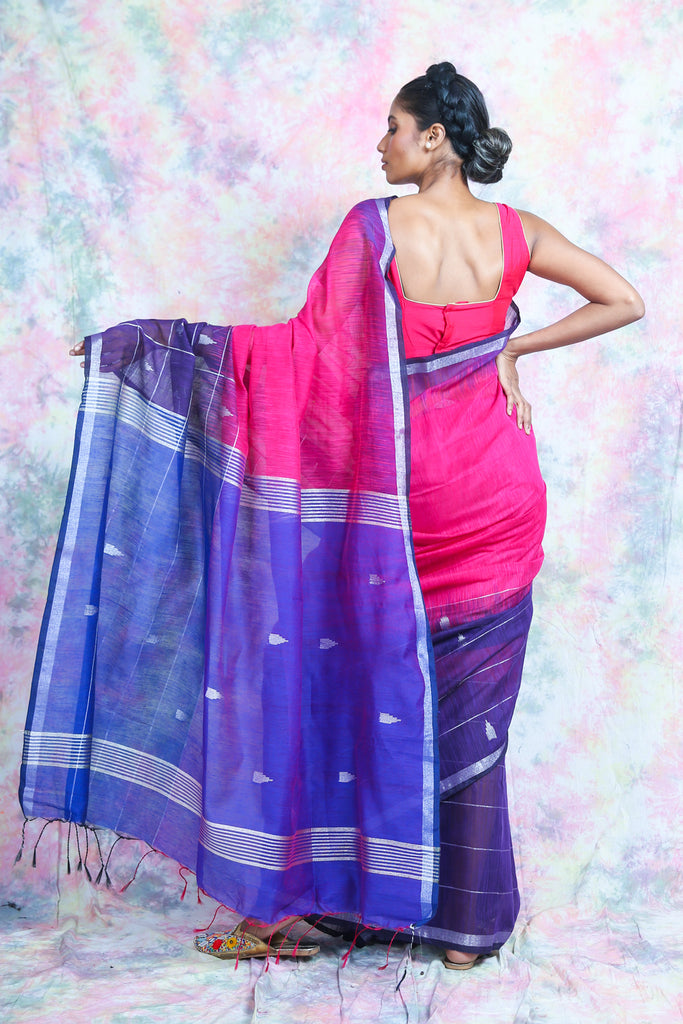 Pink & Blue Handloom Saree With Silver Zari Check freeshipping - Charukriti