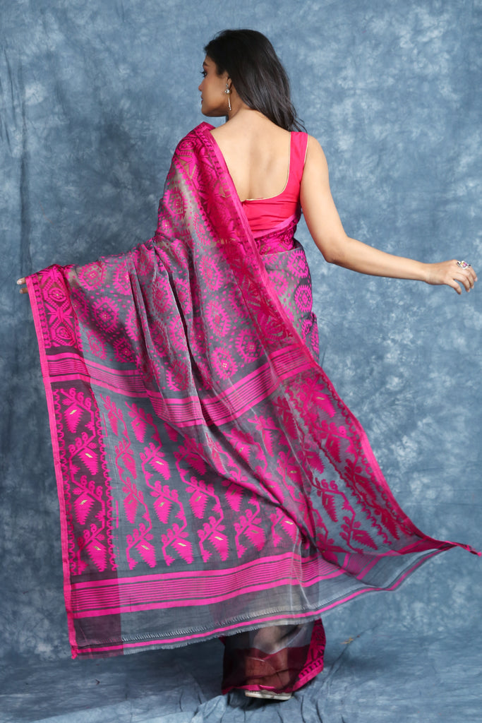 Grey & Pink Jamdani Saree With Allover Weaving freeshipping - Charukriti