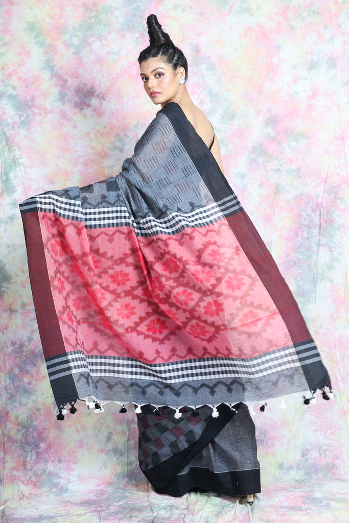 Steel Grey Cotton Saree With Geometric Print freeshipping - Charukriti