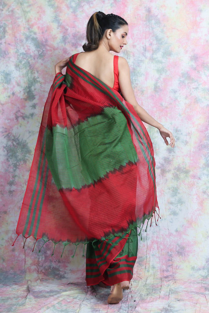 Green Cotton Saree With Allover Weaving freeshipping - Charukriti
