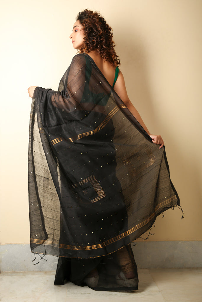 Black sequence handloom Saree freeshipping - Charukriti
