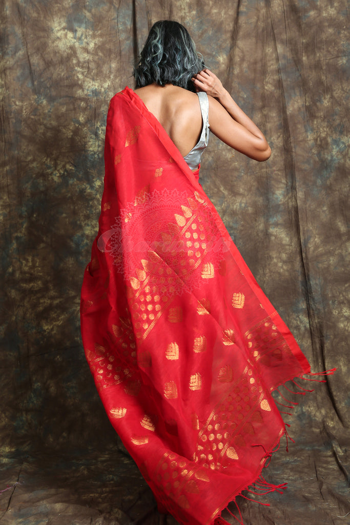 Red Linen Saree With Allover Leaf Motif Weaving freeshipping - Charukriti
