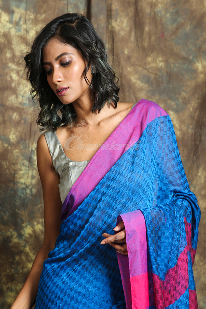 Royal Blue Allover Texture Weaving Khadi Cotton Handloom Saree freeshipping - Charukriti