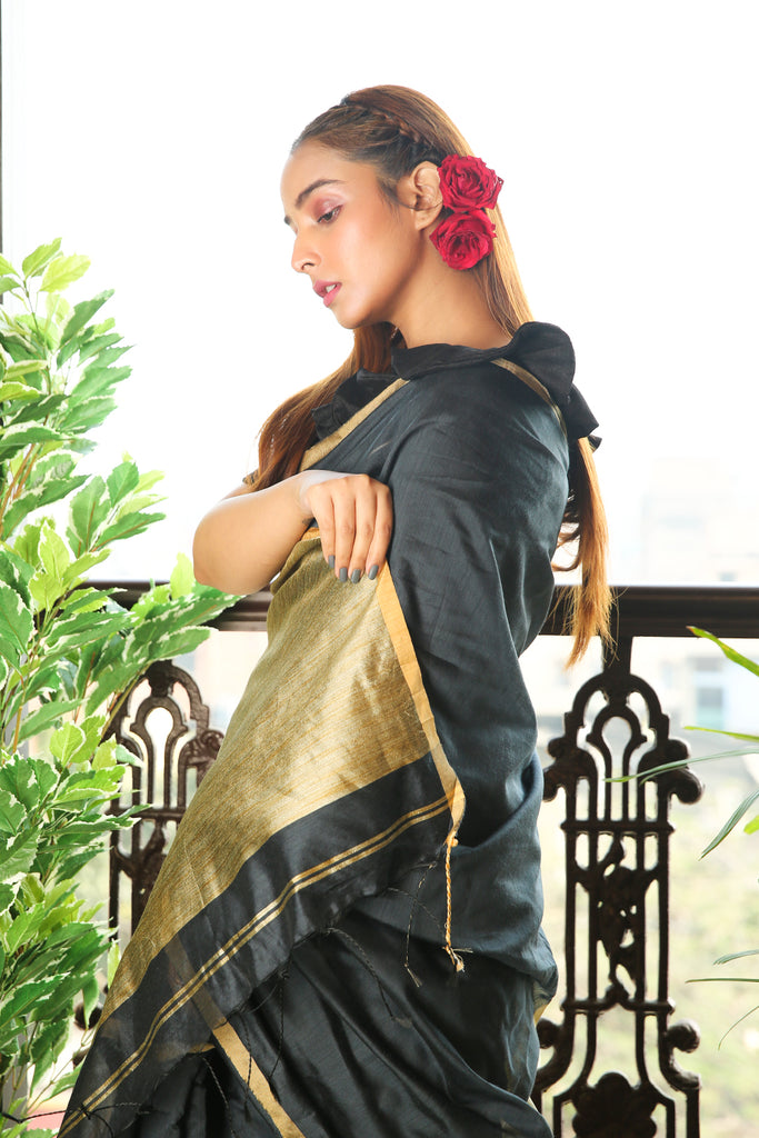 Black Blended Cotton Saree With Golden Plain Border And Pallu freeshipping - Charukriti