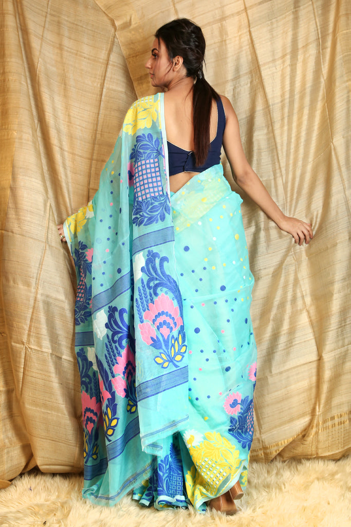 Sky Blue All Over weaving Jamdani Saree freeshipping - Charukriti