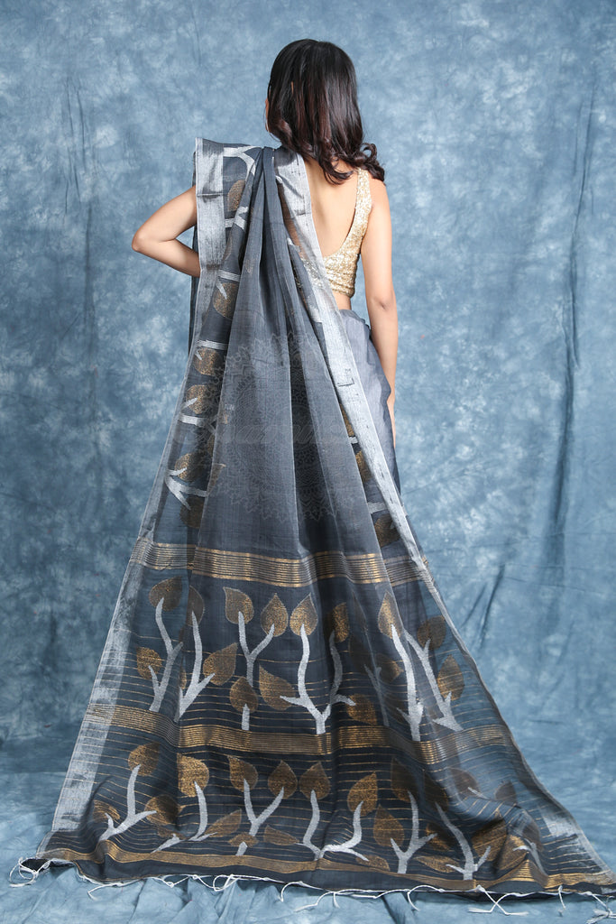 Grey Handloom Saree With Silver Zari weaving freeshipping - Charukriti