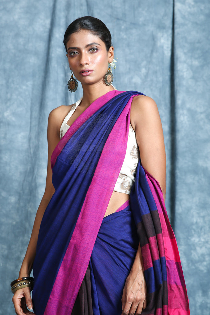 Blue & Brown Patli Pallu Style Handloom Saree freeshipping - Charukriti