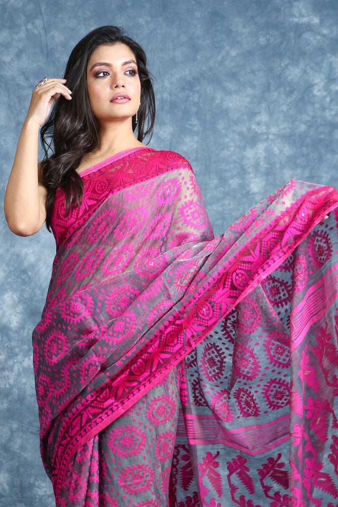 Grey & Pink Jamdani Saree With Allover Weaving freeshipping - Charukriti