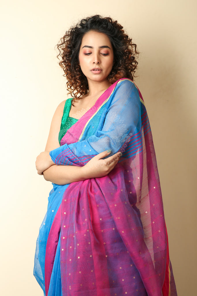 Cerulean Blue Resham Saree With All Over Sequins Design And Pink Pallu freeshipping - Charukriti