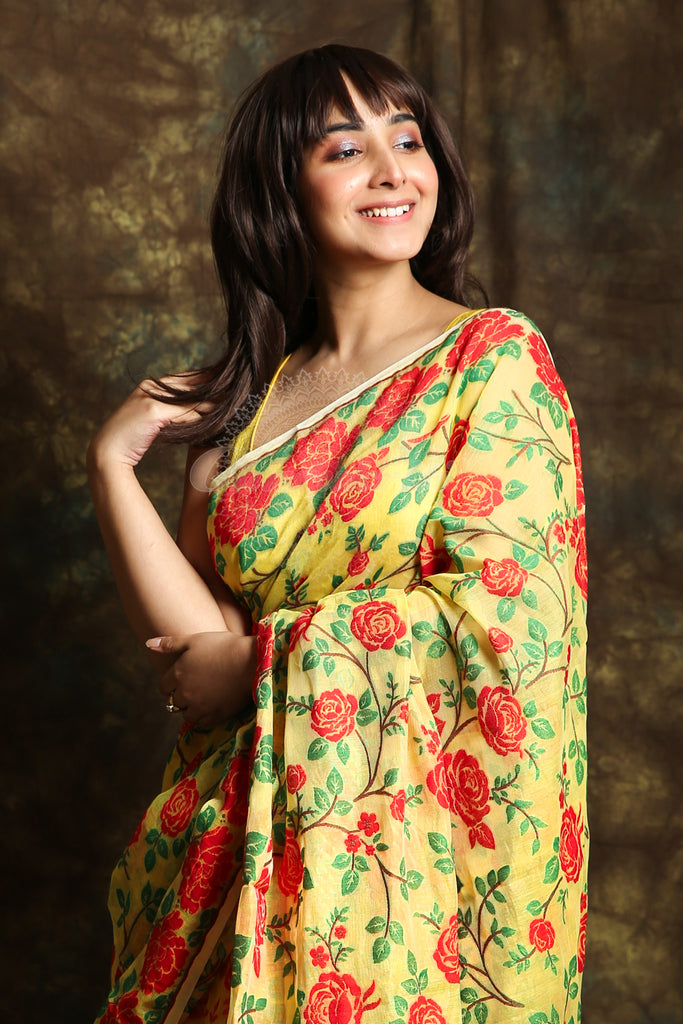 Yellow Jamdani Saree with Allover Rose Motive Weaving freeshipping - Charukriti
