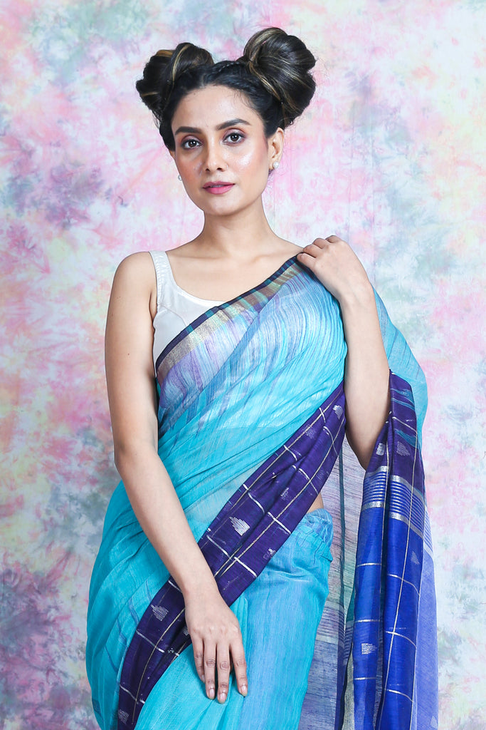 Sky & Navy Blue Handloom Saree With Silver Check freeshipping - Charukriti