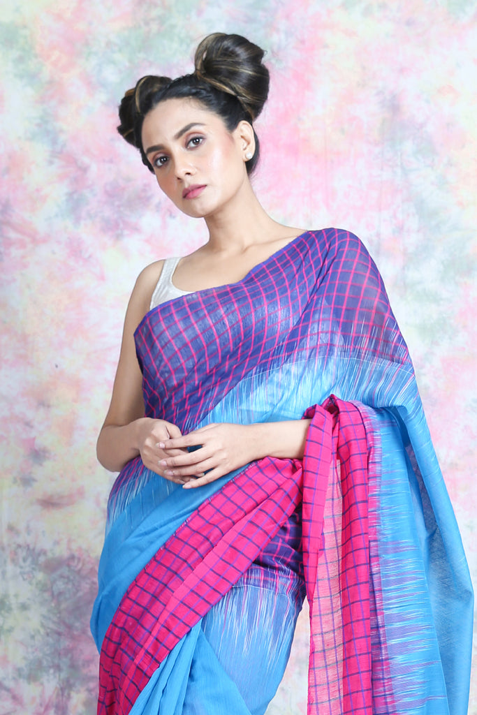 Sky BLue Ikkat Style Handloom Saree With Check Border freeshipping - Charukriti