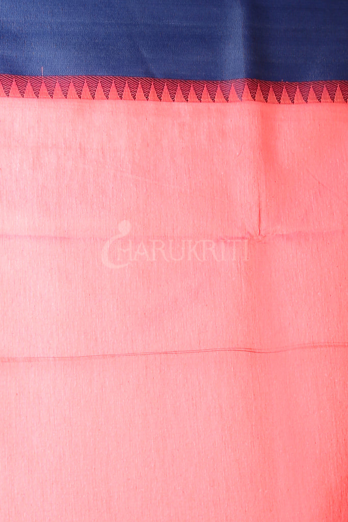 Coral Red Chanderi Silk Saree With Blue Temple Border And Zari Pallu freeshipping - Charukriti