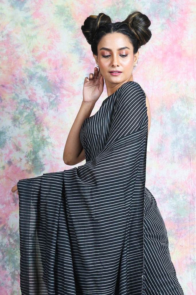 Allover Stripes Black Handloom Saree freeshipping - Charukriti
