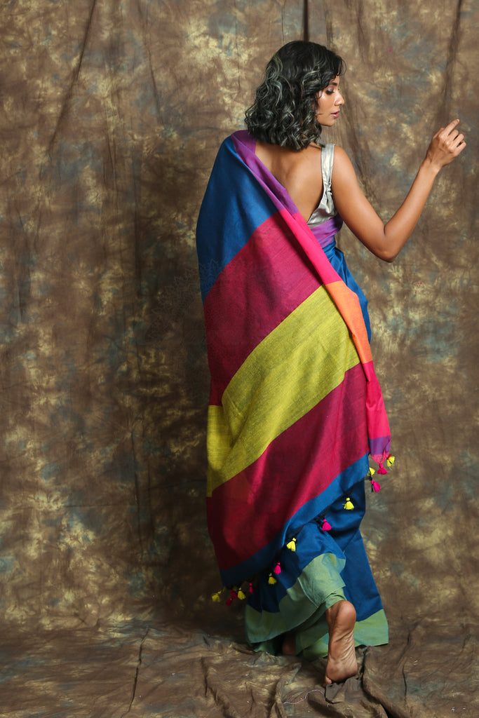 Blue Cotton Handloom Saree With Pompom freeshipping - Charukriti