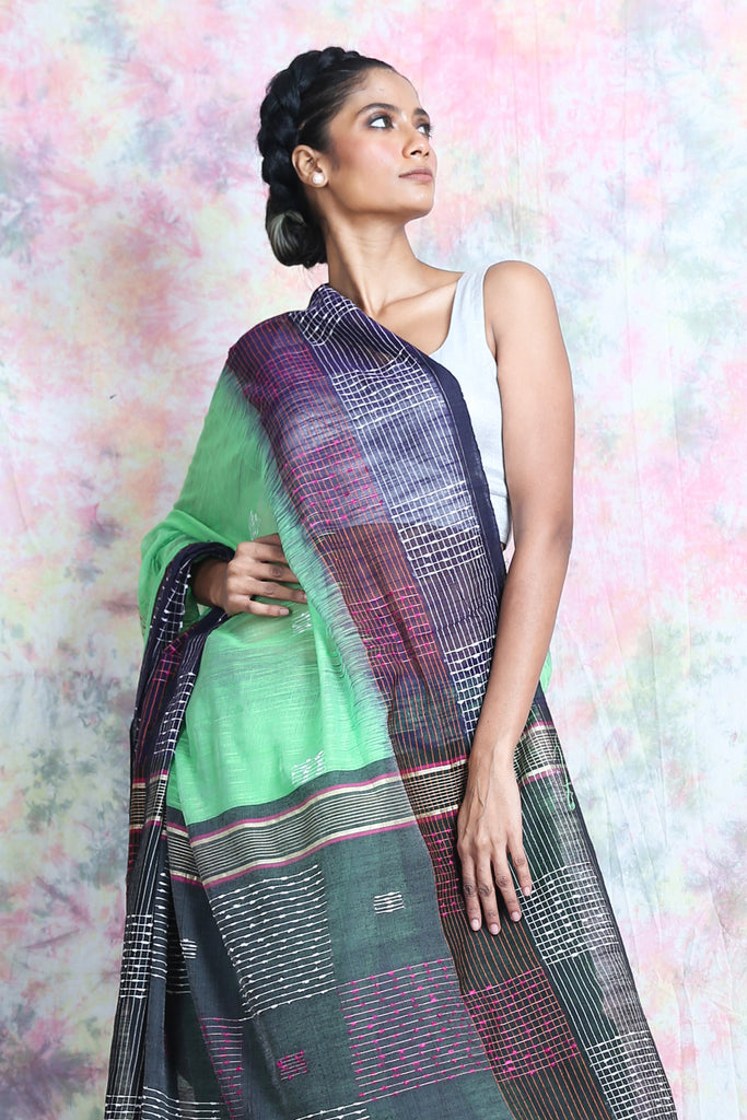 Mint Green Handloom Saree With Thick Thread Weaving Design freeshipping - Charukriti