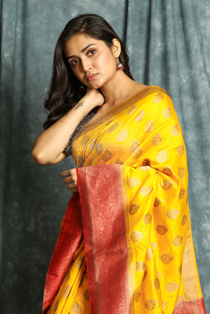 Yellow Silk Saree With Copper Zari Weaving freeshipping - Charukriti