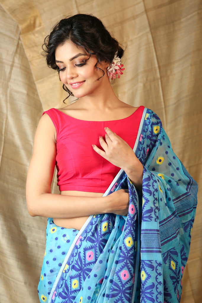 Deep Sky Blue Jamdani Saree With All Over Multicolor Weaving freeshipping - Charukriti