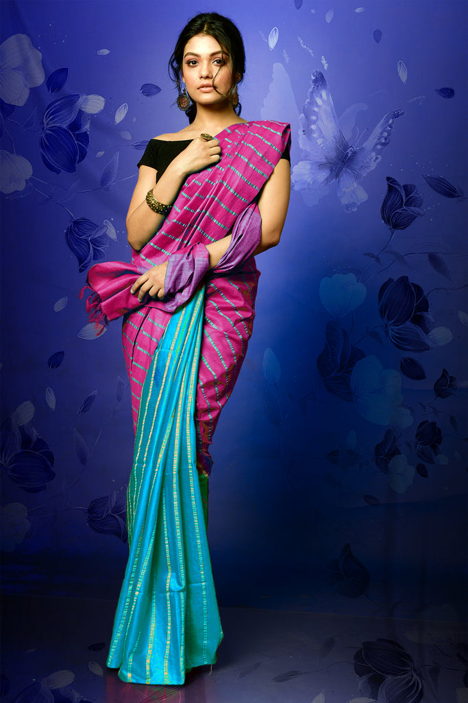 MAGENTA AND SKY BLUE BLENDED COTTON WITH GHICHA STRIPES AND PALLU freeshipping - Charukriti