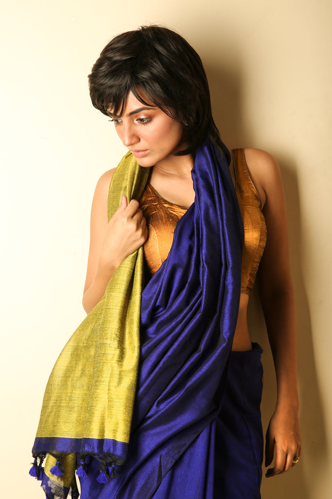 Blue Khadi Cotton Saree With Corn Yellow Pallu freeshipping - Charukriti
