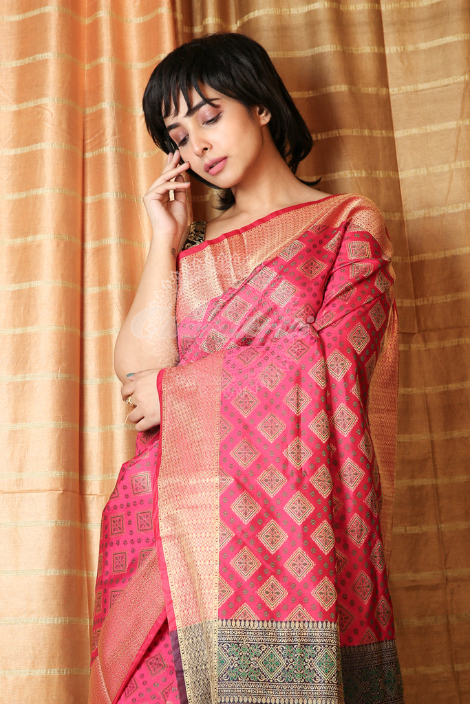 Pink Patola Saree with All Over Box Weaving freeshipping - Charukriti