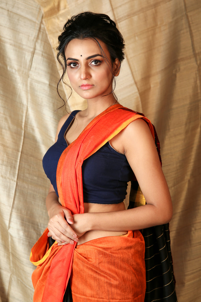 Orange & Black Mahapaar Handloom with Gheecha Stripes Pallu freeshipping - Charukriti