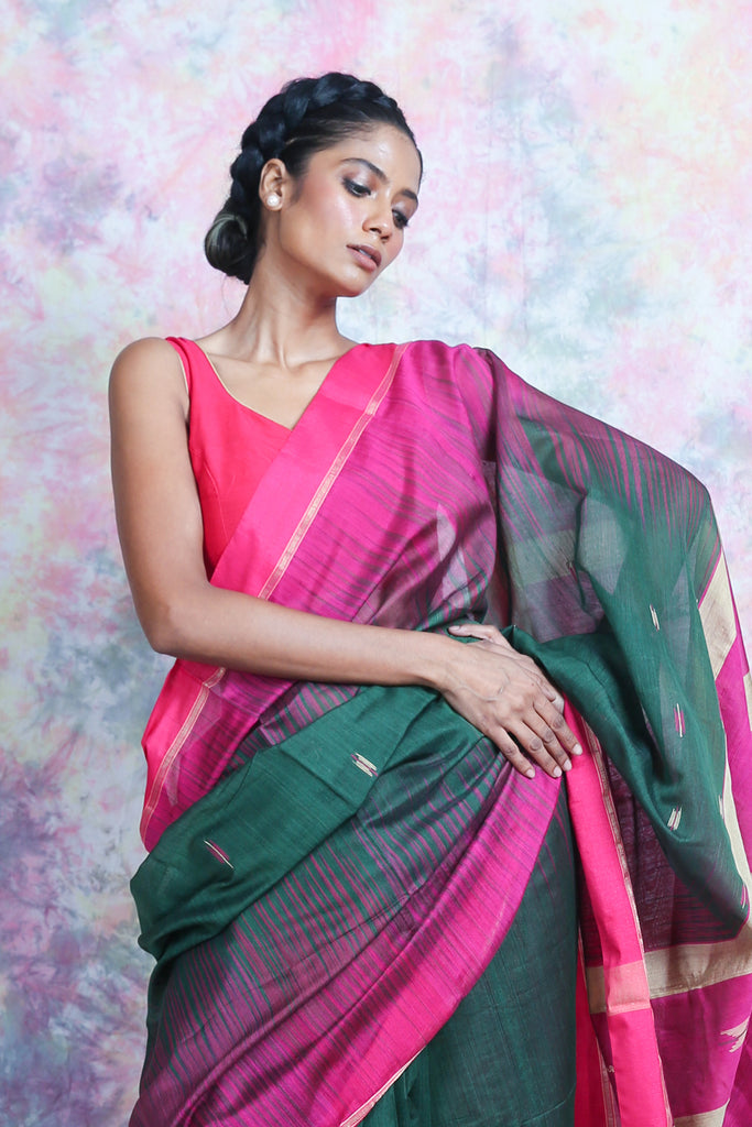 Pink & Green Ikkat Style Handloom Saree freeshipping - Charukriti